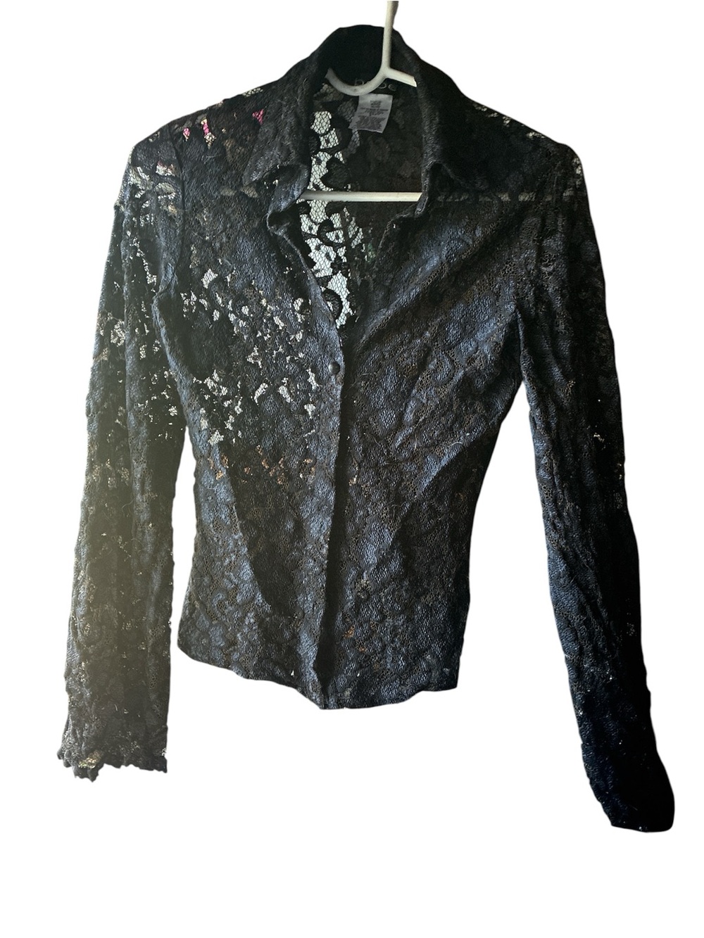 Vintage Y2K Bebe Black Sheer Lace Button Up Blouse - Size S Made in Canada